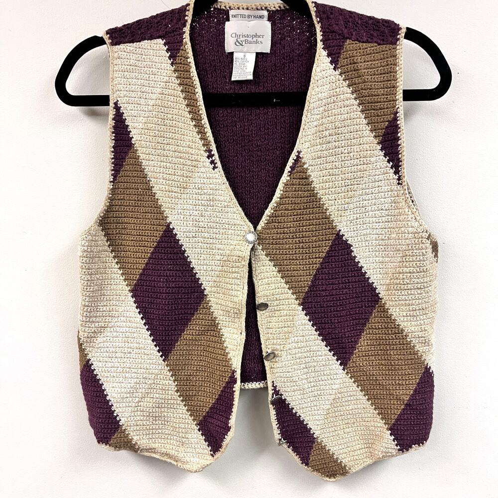 Vintage Women's Christopher & Banks Knitted harlequin check vest Small Burgundy